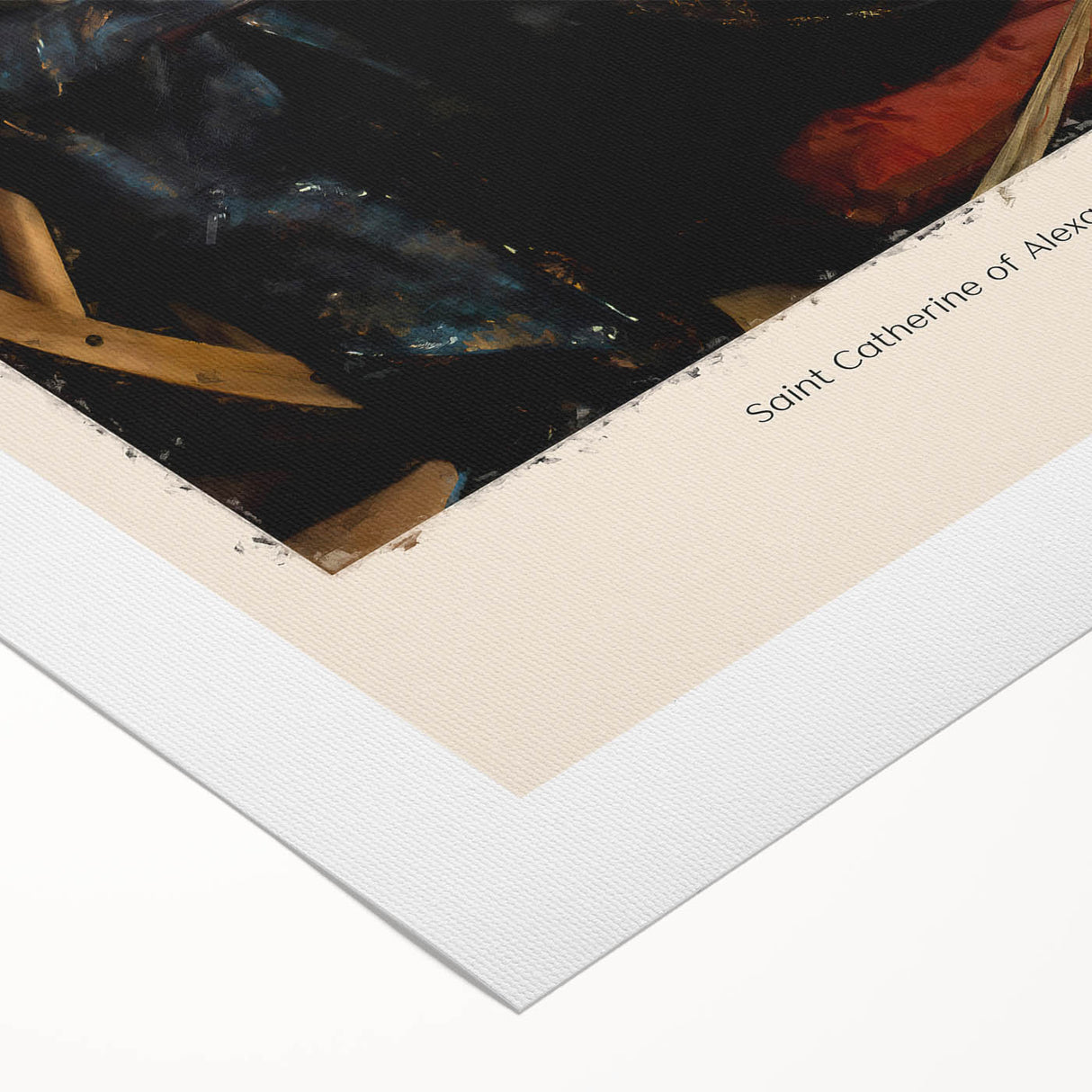 Art deco poster featuring a Caravaggio-inspired design on a rolled canvas, using dark and muted tones.