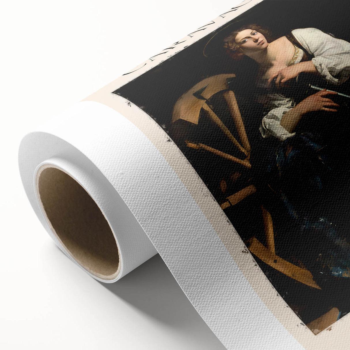 Art Deco poster featuring a Caravaggio-inspired design on rolled canvas, using dark and light contrasting tones.