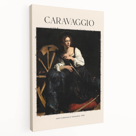 Side view of a stretched canvas featuring Caravaggio-inspired artwork in dark earth tones, suitable for kitchen wall art.