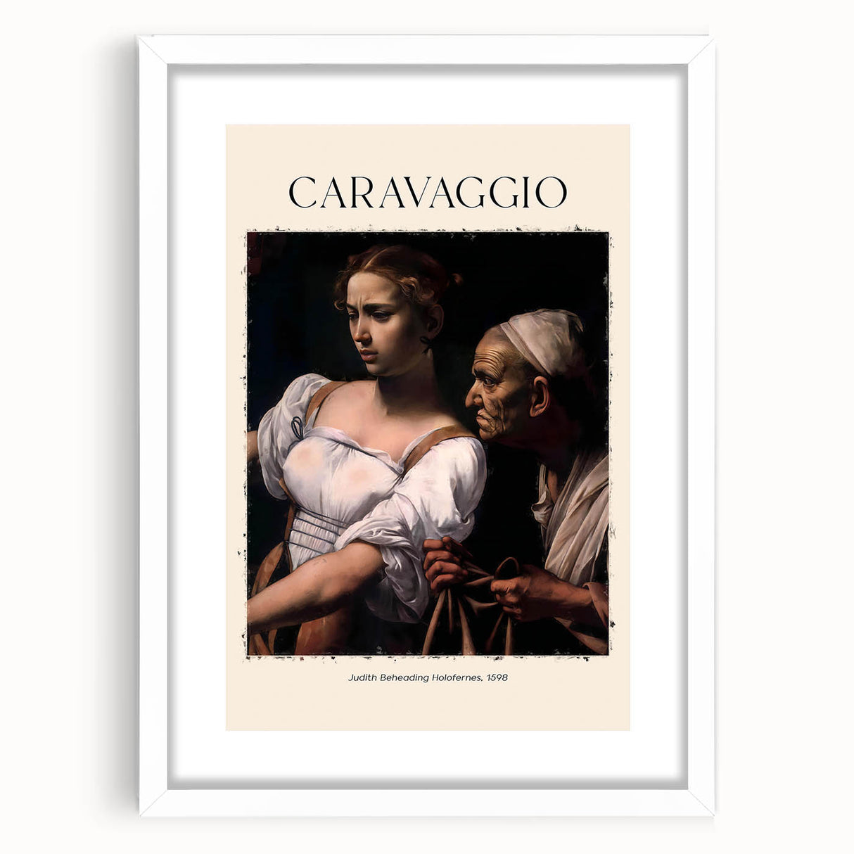 Extra large abstract art print depicting a textured, Caravaggio-inspired scene in muted earth tones, framed in white.