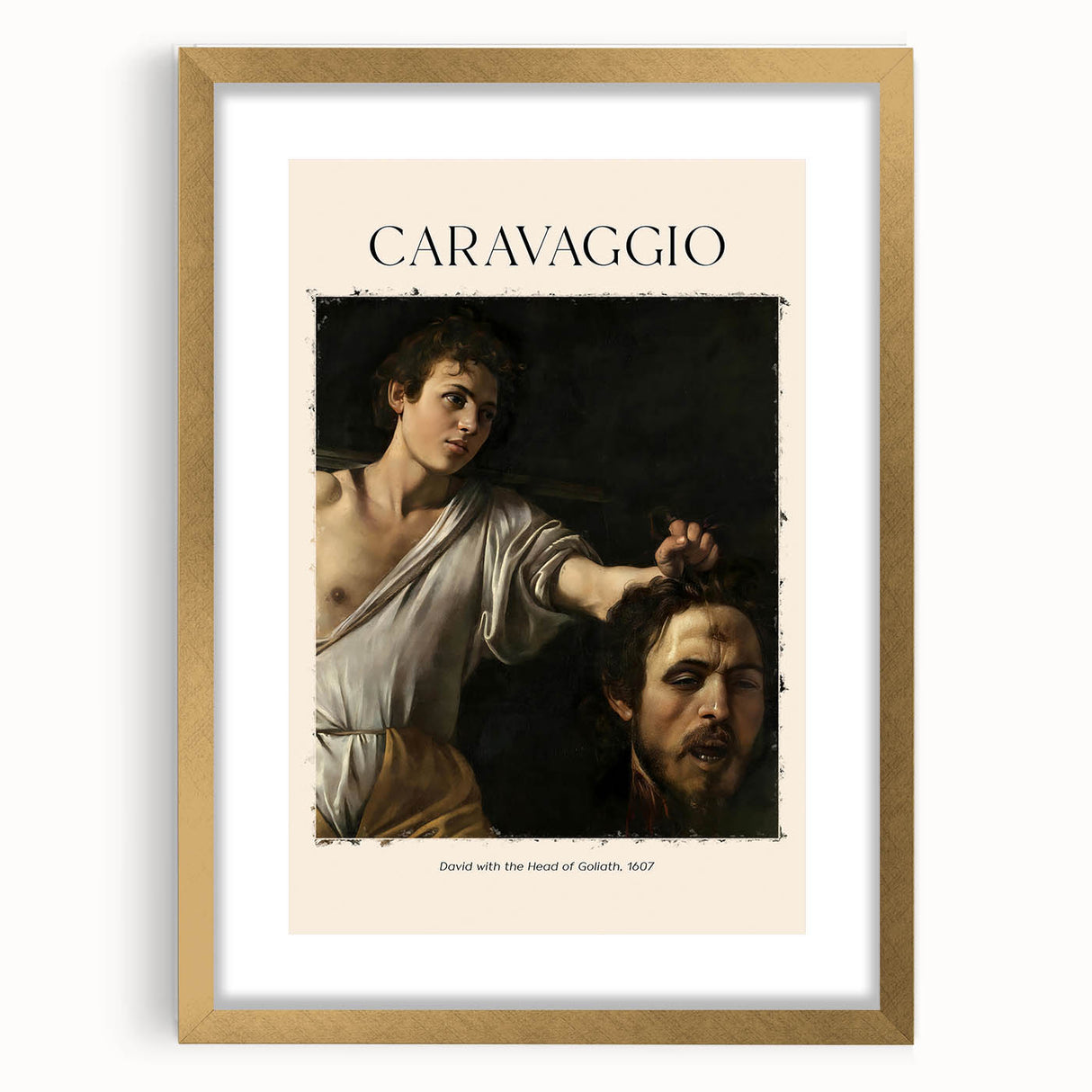 Textured art print of Caravaggio-inspired abstract scene in gold frame with mat, suitable for bedroom art.
