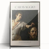 Art deco poster featuring a Caravaggio-inspired scene in muted tones on a silver-framed acrylic print.