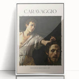 Mid-century modernist art print of Caravaggio's design on white framed acrylic, featuring dark and light contrasts.