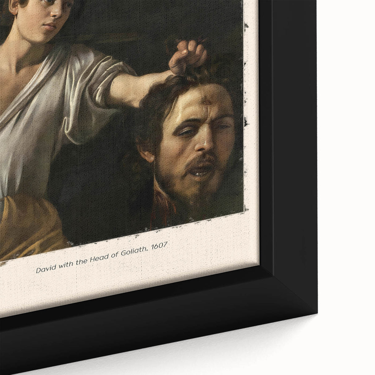 Close-up of extra large framed canvas featuring textured, colorful art depicting Caravaggio's design.