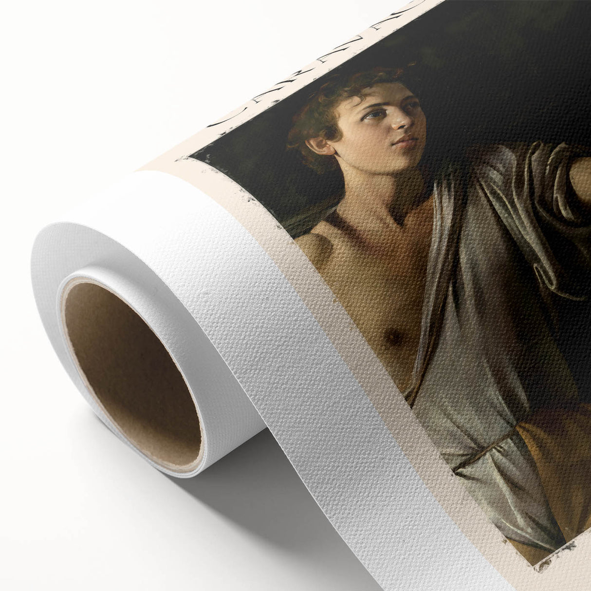 Art deco poster of Caravaggio's painting on rolled canvas, featuring muted dark and light tones, ideal for nursery wall art.