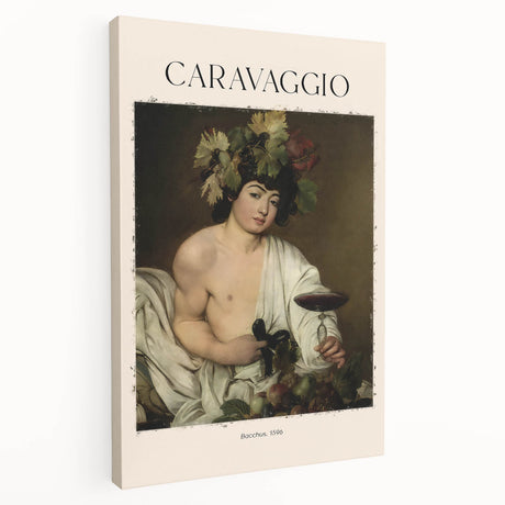 Side view of a large stretched canvas featuring Caravaggio-inspired design, using dark and intense hues.