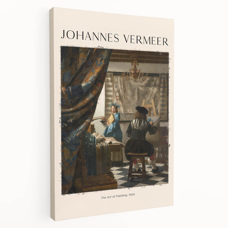 Side view of a Johannes Vermeer-inspired stretched canvas depicting a domestic scene in soft blue and yellow tones.