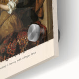 Mid-century modernist art of Johannes Vermeer's influence in soft blues and greys on acrylic glass.