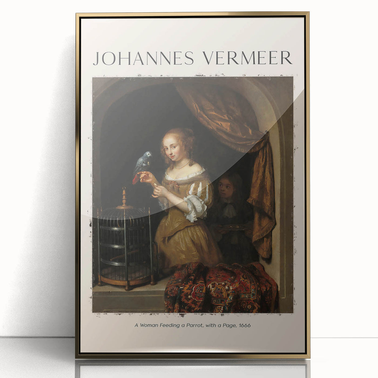 Mid-century modernist art featuring a Johannes Vermeer-inspired scene, acrylic print in gold frame.