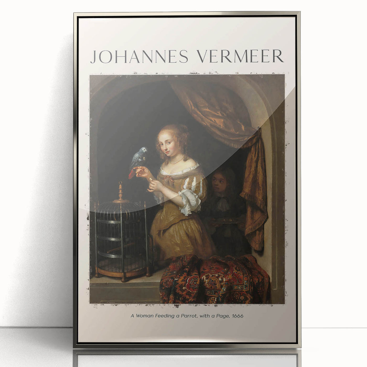 Art Deco style poster featuring a minimalist Johannes Vermeer design in muted tones on framed acrylic.