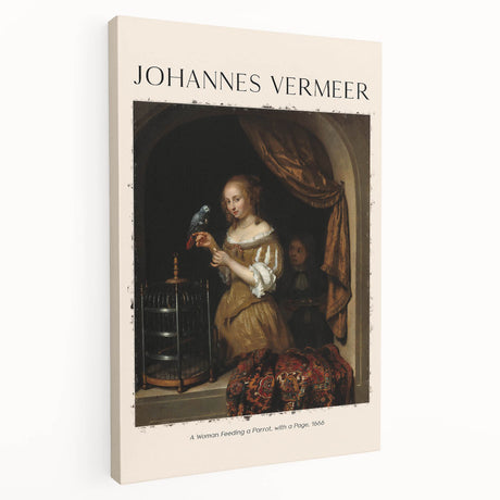 Side view of a large Johannes Vermeer-inspired stretched canvas with soft blue and yellow tones.