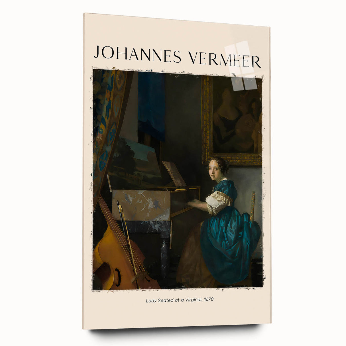 Acrylic print of a Johannes Vermeer-inspired scene, with soft blue and golden hues, ideal for bedroom or dining room art.