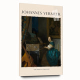 Acrylic print of a Johannes Vermeer-inspired scene, with soft blue and golden hues, ideal for bedroom or dining room art.