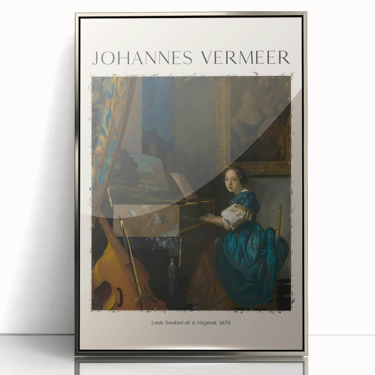 Art Deco poster of Johannes Vermeer's design, framed in silver acrylic, ideal for modern art wall decor in a nursery.