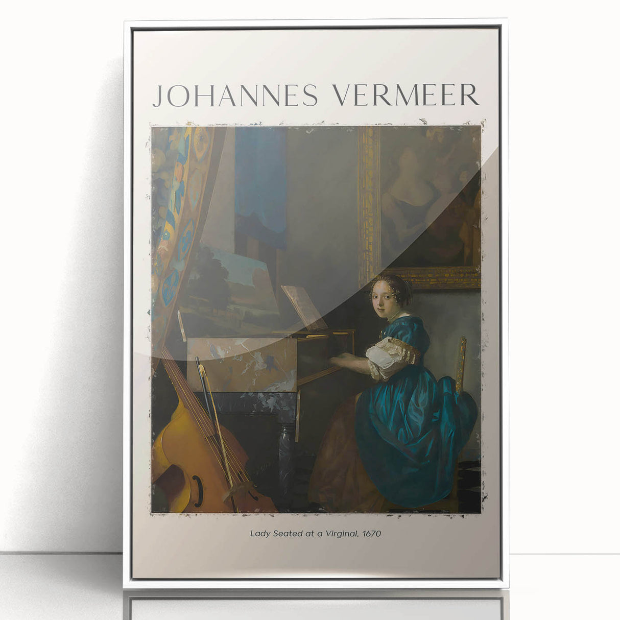 Mid-century modernist art print of Johannes Vermeer's work in a white acrylic frame, ideal for nursery wall art.