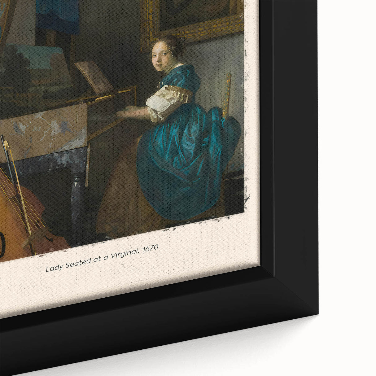 Black wall art featuring a close-up of a textured, colorful Johannes Vermeer painting on a framed canvas.