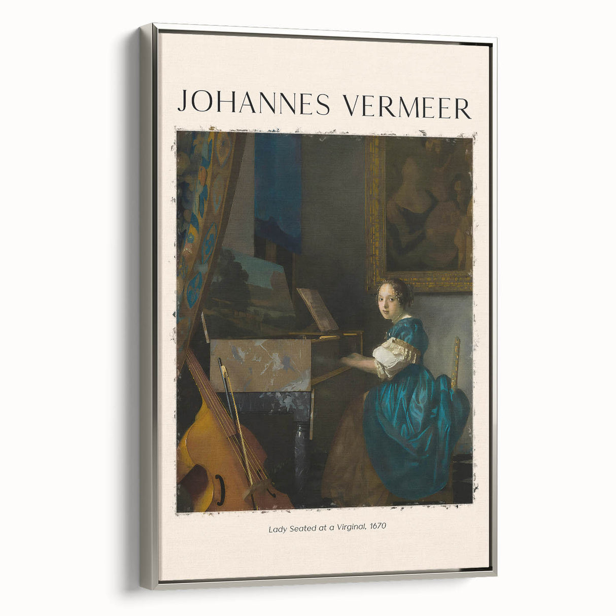 Framed canvas of Johannes Vermeer vintage poster art in muted color palette, ideal for living room decor.