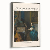 Framed canvas of Johannes Vermeer vintage poster art in muted color palette, ideal for living room decor.