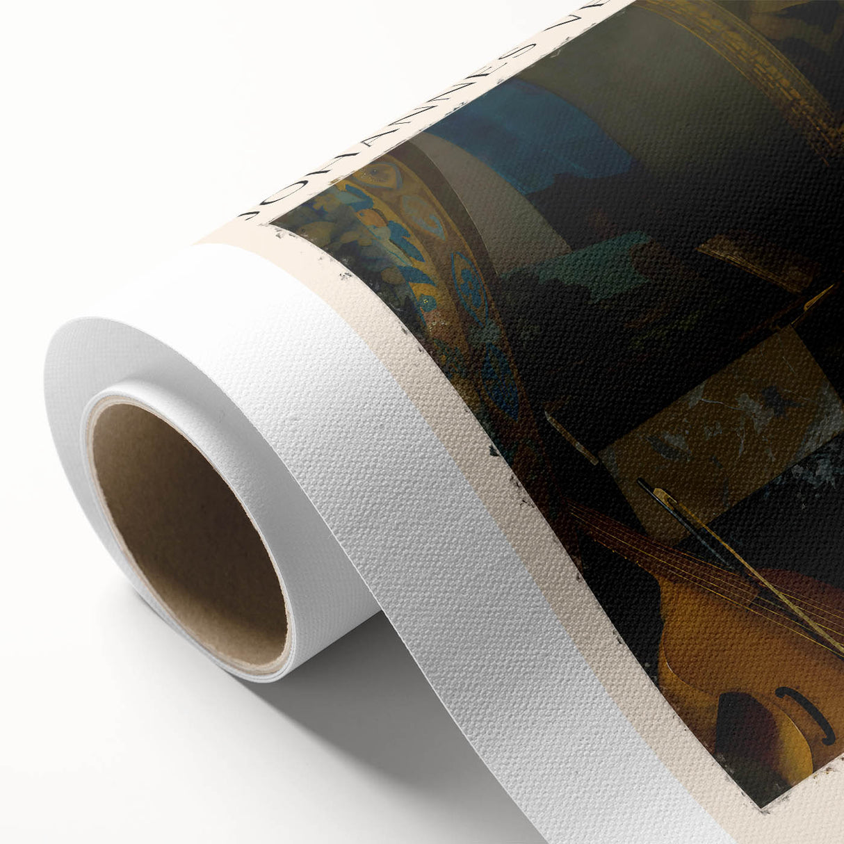 Art Deco-style poster featuring a serene landscape in soft green and blue tones, printed on rolled canvas.