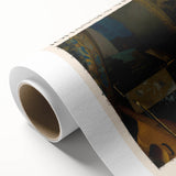 Art Deco-style poster featuring a serene landscape in soft green and blue tones, printed on rolled canvas.