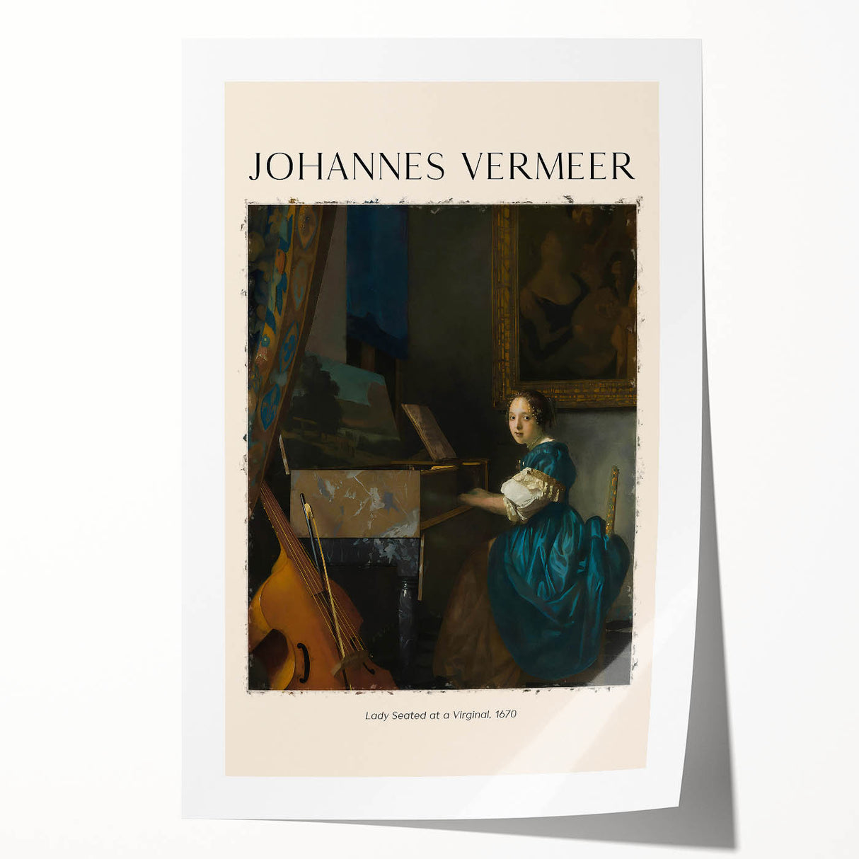Rolled print of Johannes Vermeer's style featuring delicate floral designs in soft pastel shades.