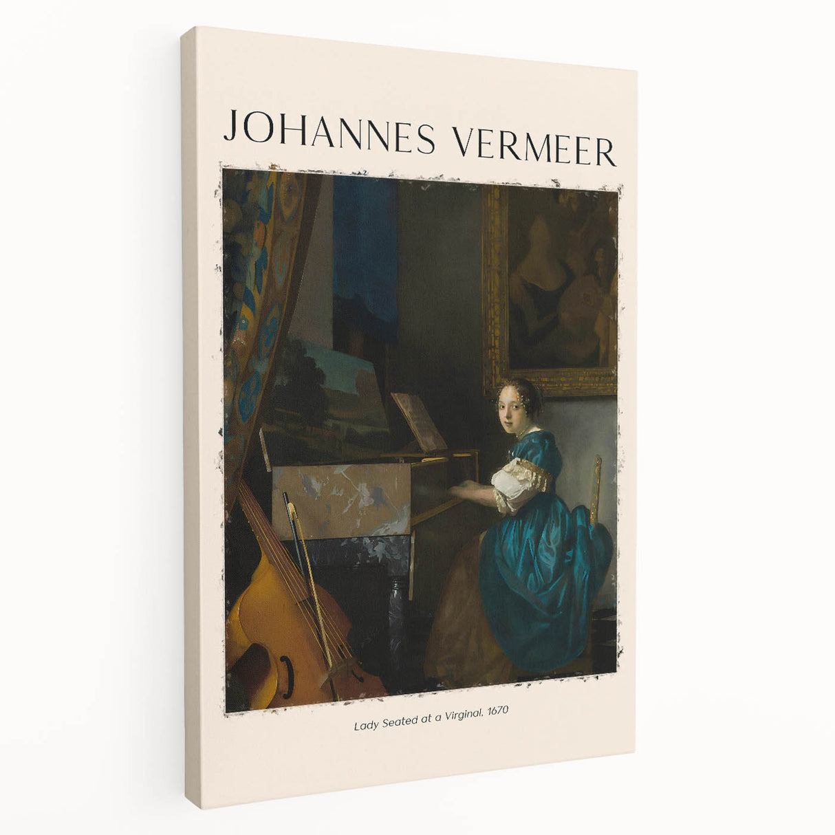 Side view of a Johannes Vermeer-inspired stretched canvas depicting a domestic scene in soft, muted colors.