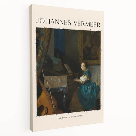 Side view of a Johannes Vermeer-inspired stretched canvas depicting a domestic scene in soft, muted colors.