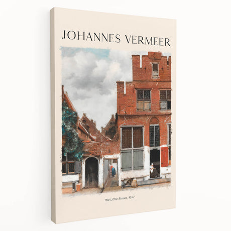 Side view of a Johannes Vermeer-inspired stretched canvas depicting a domestic scene in soft blue and yellow tones.