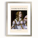 Abstract art print depicting geometric shapes in muted blue and beige; framed in silver, suitable for dining room decor.