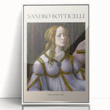 Large art print of a Johannes Vermeer painting in a white acrylic frame, featuring soft pastel shades.