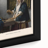 Close-up of a black framed canvas featuring textured, colorful art in a Johannes Vermeer style, ideal for living room decor.