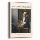 Framed canvas of a Johannes Vermeer-inspired landscape, featuring a gold frame and vintage poster art style.