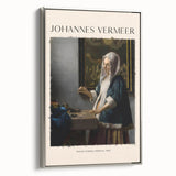 Vintage poster art of Johannes Vermeer's painting in a silver frame, ideal for living room decor.