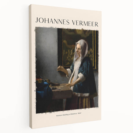 Side view of a large Johannes Vermeer-inspired stretched canvas depicting a domestic scene, in muted earth tones.
