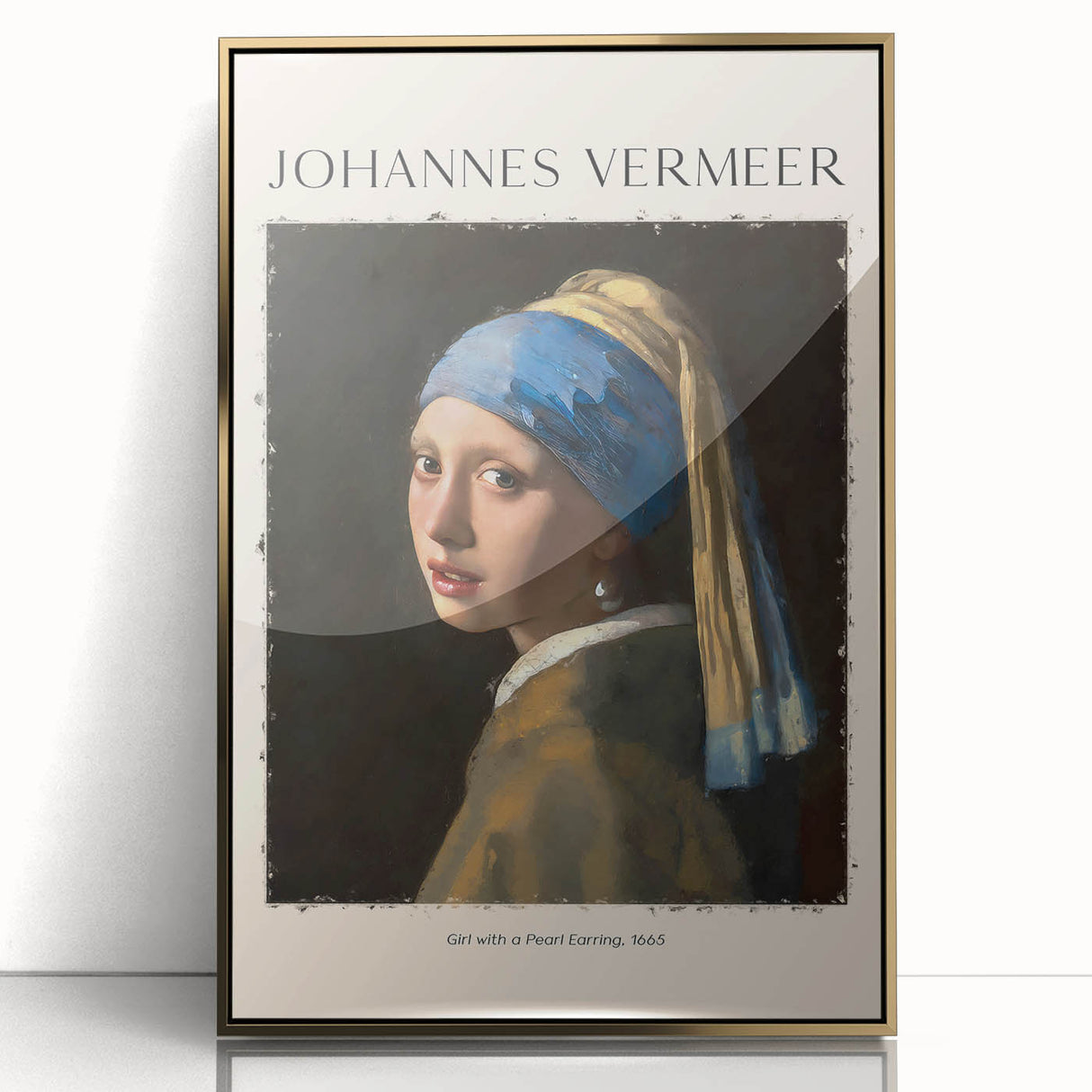 Framed acrylic print of a mid-century modernist Johannes Vermeer painting, featuring soft pastel shades.