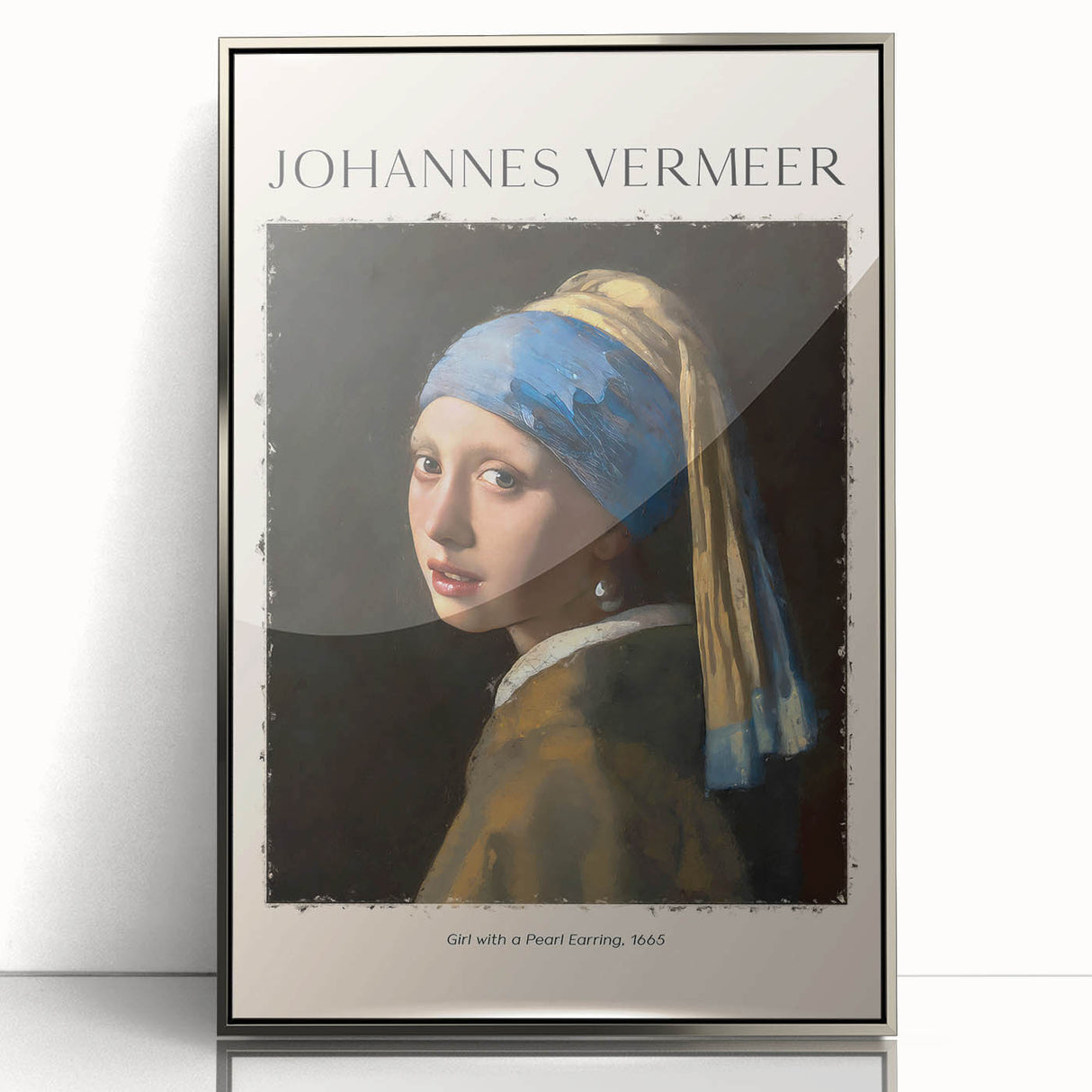 Art deco style poster of Johannes Vermeer's work in a silver acrylic frame, suitable for modern art wall decor or nursery.