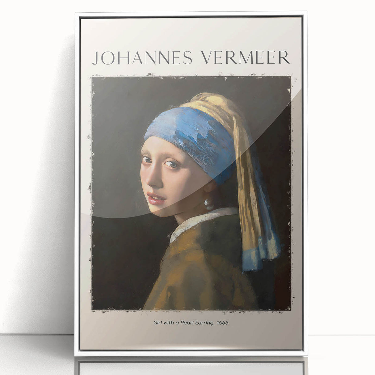 Framed acrylic print of Johannes Vermeer's artwork, featuring soft pastel colors and mid-century modernist style.
