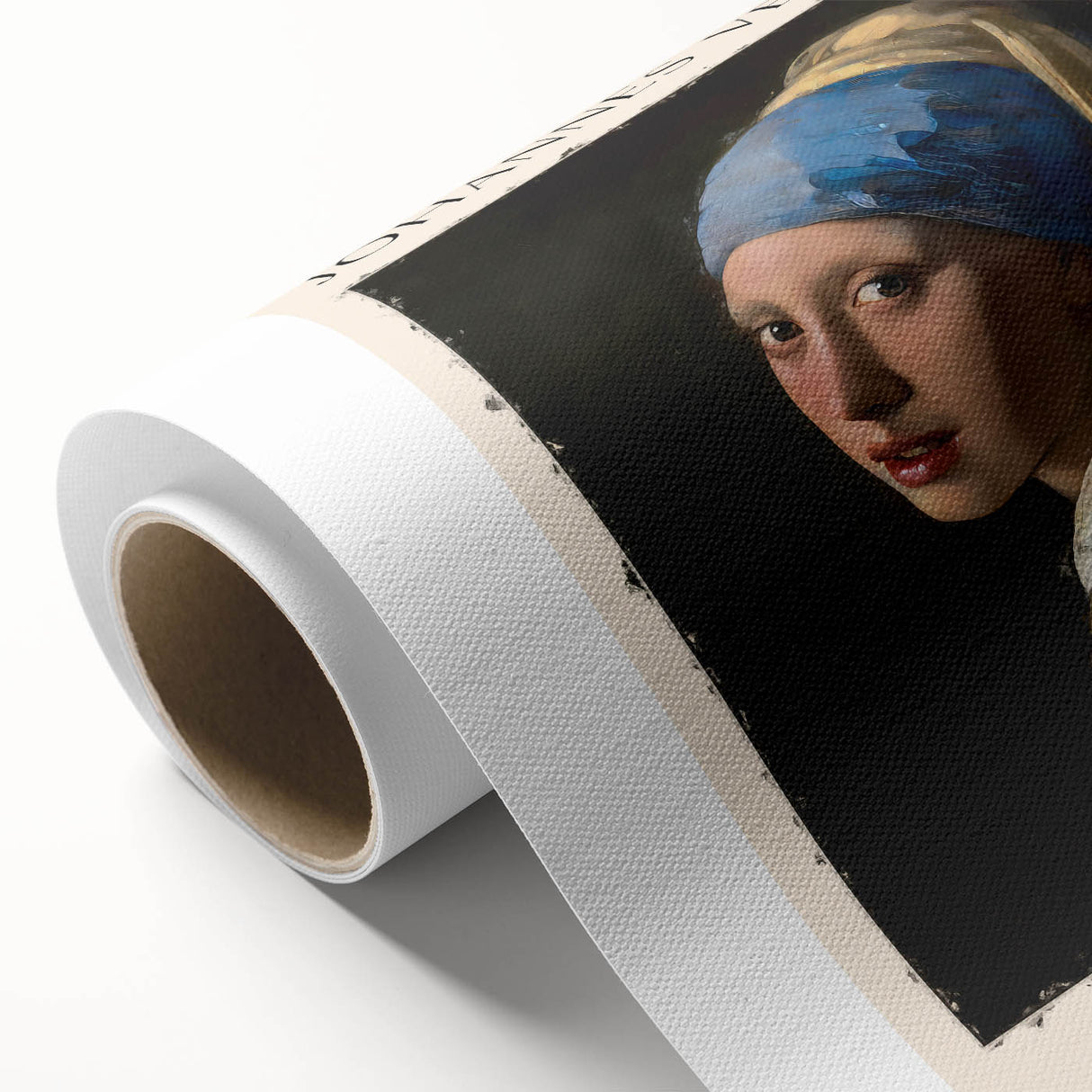 Art Deco poster depicting Johannes Vermeer's style on rolled canvas, featuring soft pastel shades.