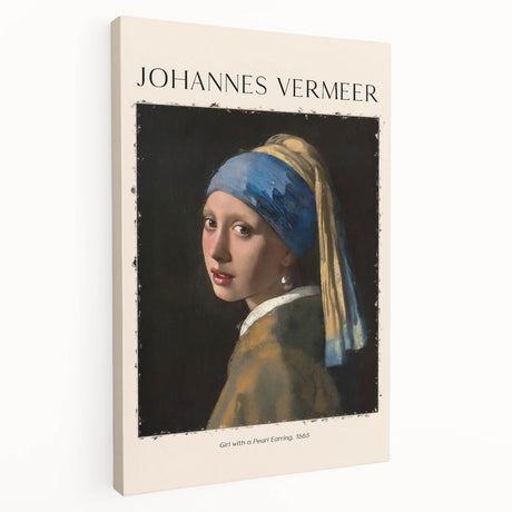 Side view of a Johannes Vermeer-inspired stretched canvas depicting a serene domestic scene in soft blue and yellow tones.