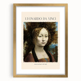 Textured art print of an abstract Leonardo da Vinci design in muted earth tones on a gold-framed canvas.