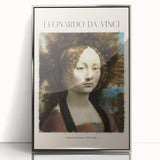 Art deco poster of Leonardo da Vinci in muted silver and gray tones, framed acrylic, suitable for modern nursery decor.