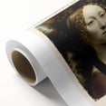 Art deco poster of Leonardo da Vinci on rolled canvas, featuring muted earth tones.