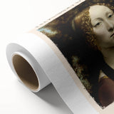 Art deco poster of Leonardo da Vinci on rolled canvas, featuring muted earth tones.