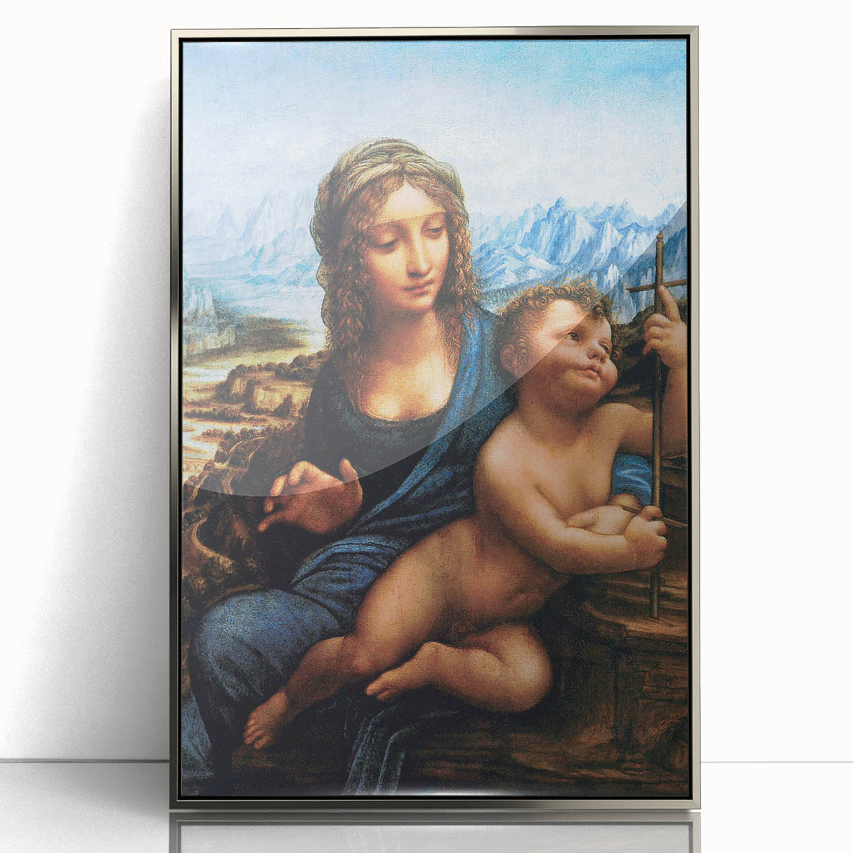 Art deco poster of Leonardo da Vinci in muted earth tones, framed acrylic, ideal for modern art wall decor.