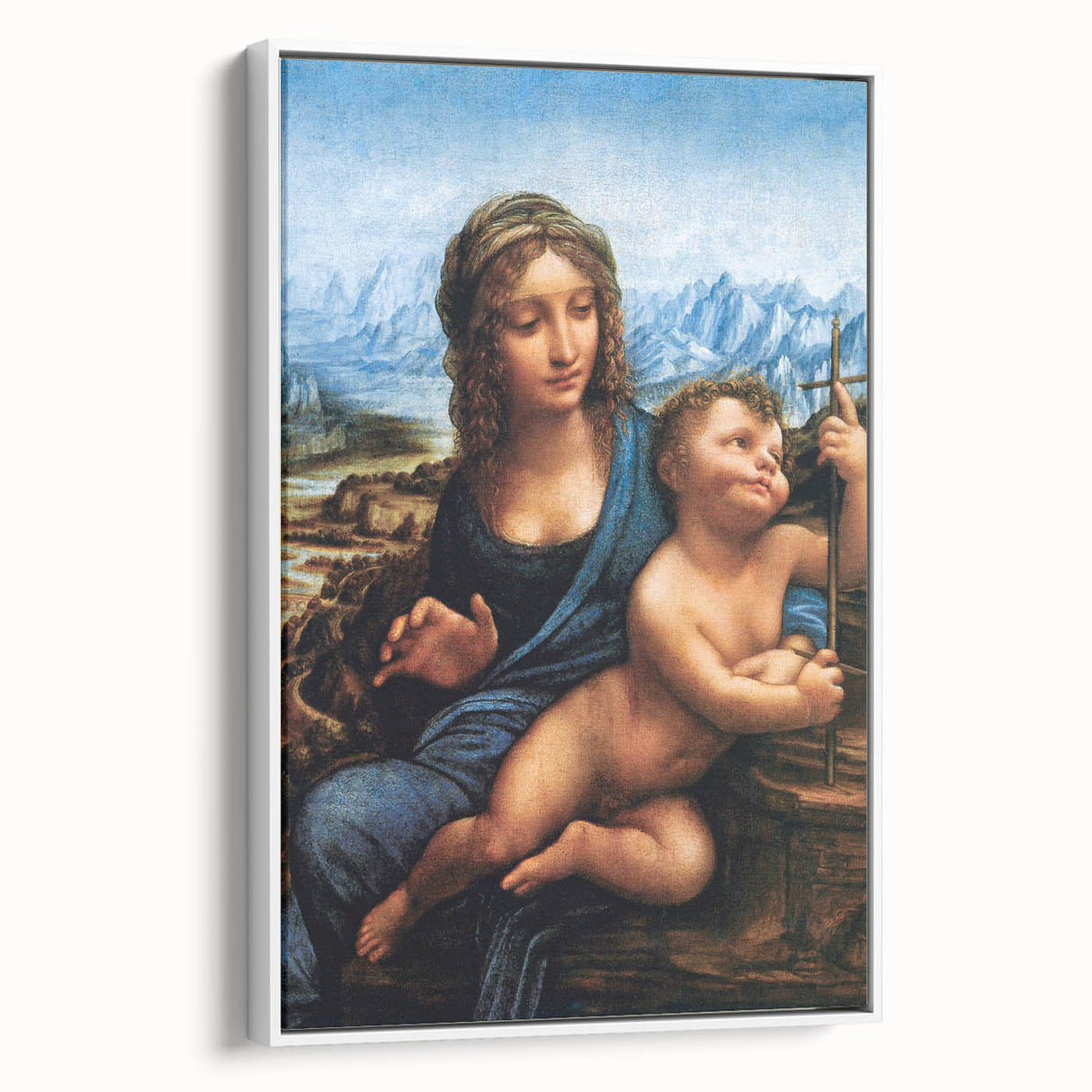 Vintage poster art of a Leonardo da Vinci landscape on framed canvas, in muted earth tones, ideal for bedroom wall decor.