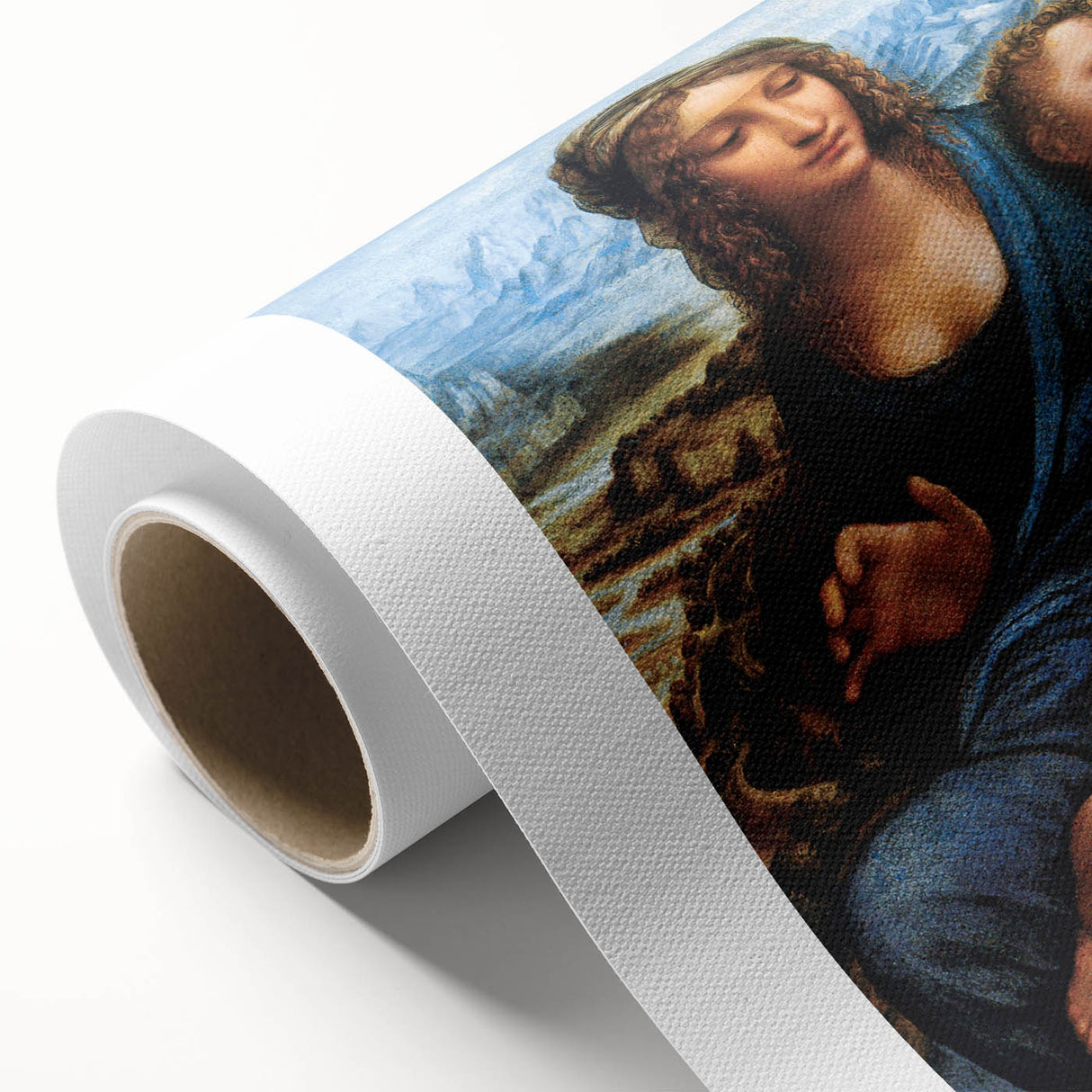 Art deco poster of a stylized Leonardo da Vinci portrait in muted beige and brown tones on rolled canvas.