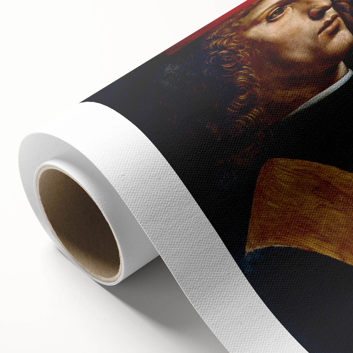 Art deco poster of Leonardo da Vinci on rolled canvas, featuring muted earth tones.
