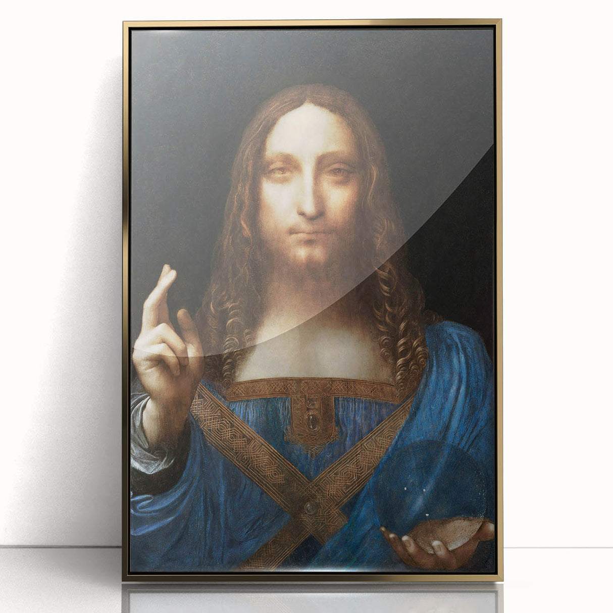 Mid-century modernist art featuring a minimalist Leonardo da Vinci design in muted gold tones on a framed acrylic.