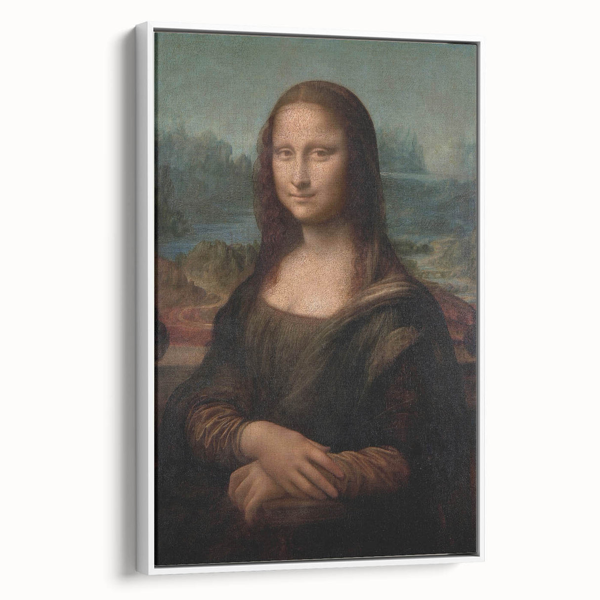 Framed canvas of Leonardo da Vinci's landscape painting in muted earth tones, ideal for bedroom wall art.
