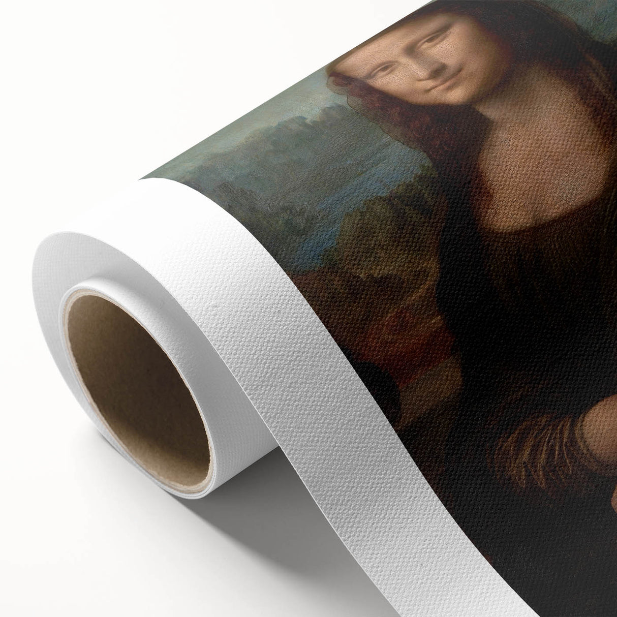 Art deco poster of Leonardo da Vinci on rolled canvas, featuring muted earth tones.